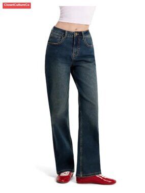Straight Leg Jeans Mid-High Rise Stretch Denim Pants